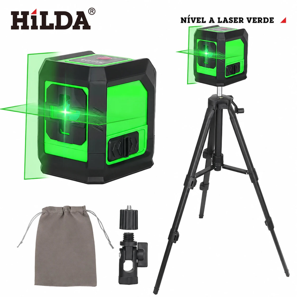 Nível Laser + Kit Tripé e acessórios ilustrados