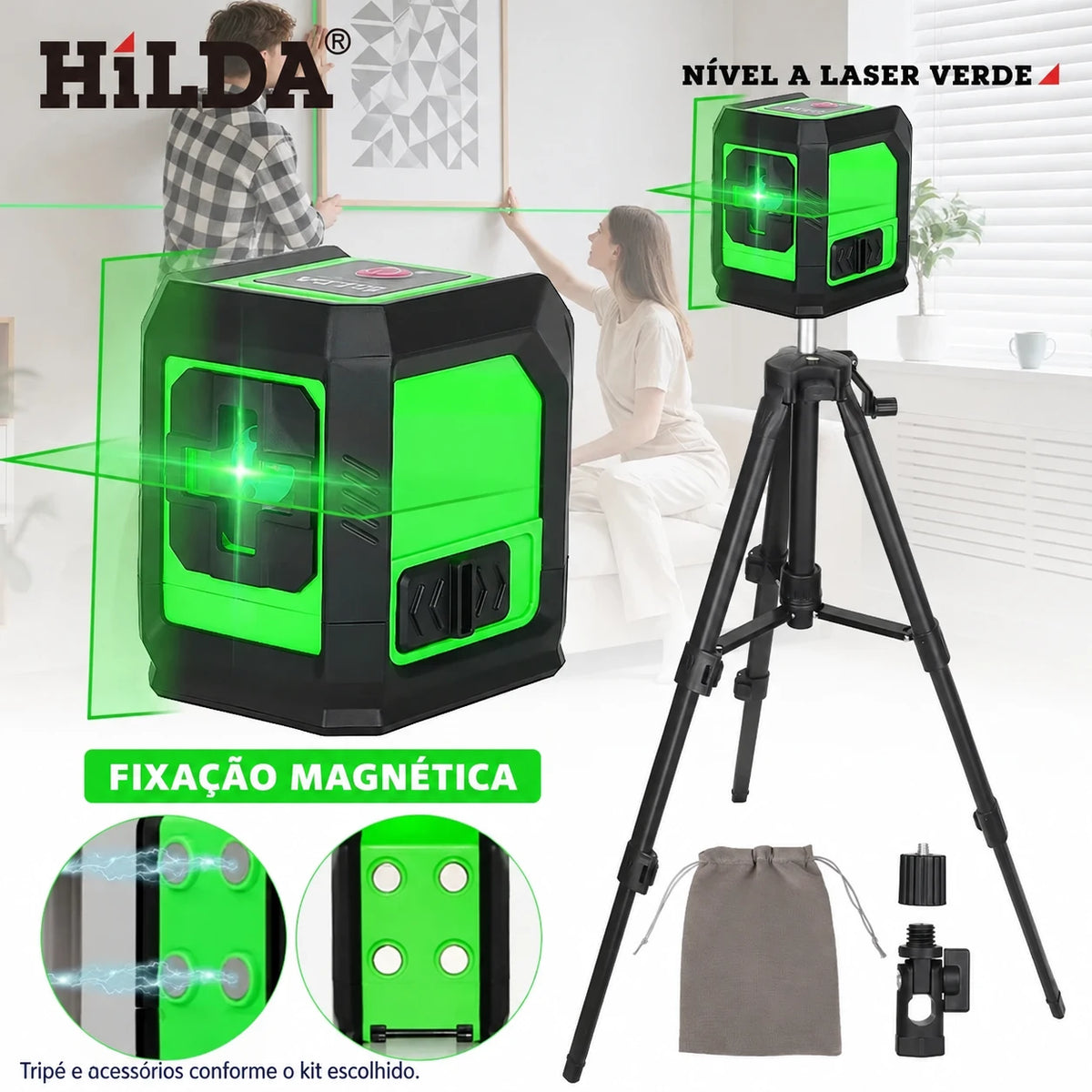 Nível a laser verde com exemplo de alinhamento e acessórios conforme o kit