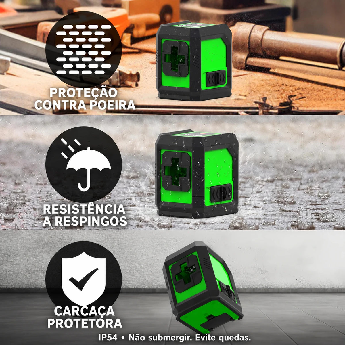 Proteção IP54 contra poeira e respingos, com cuidados de uso