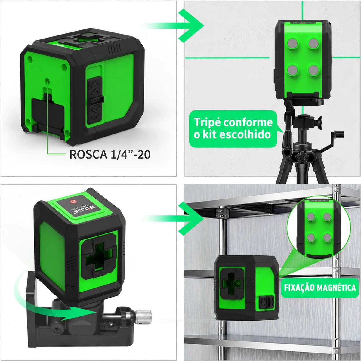 Rosca para tripé e fixação magnética do nível a laser